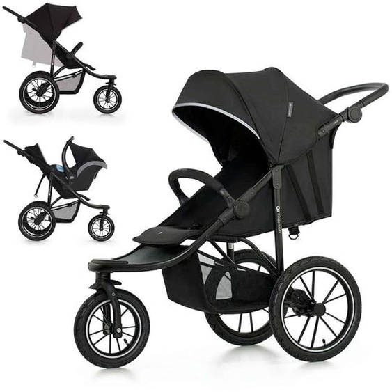 Poussette Tout-terrain Kinderkraft Helsi 2 Avec 3 Roues Gonflables Amorties, Dossier Allongé Et Poignée Réglable Noir