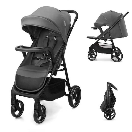 Poussette Trig 3 Tr Avec Plateau Click & Fold, Assise Allongée 91,5 Cm, Roues Pivotantes 360°, Capote Déperlante Gris