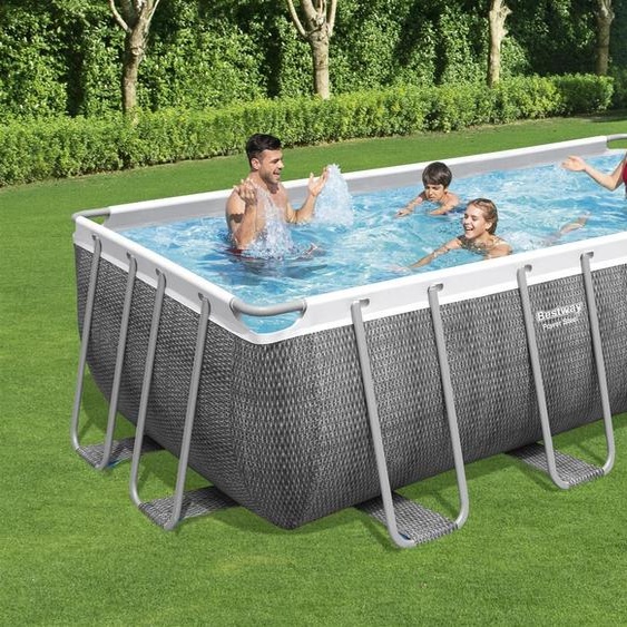 Power Steel™ Frame Pool Kit complet, rectangulaire, avec pompe de filtration, échelle de sécurité & bâche 488 x 244 x 122 cm, Piscine, Natation, Piscines