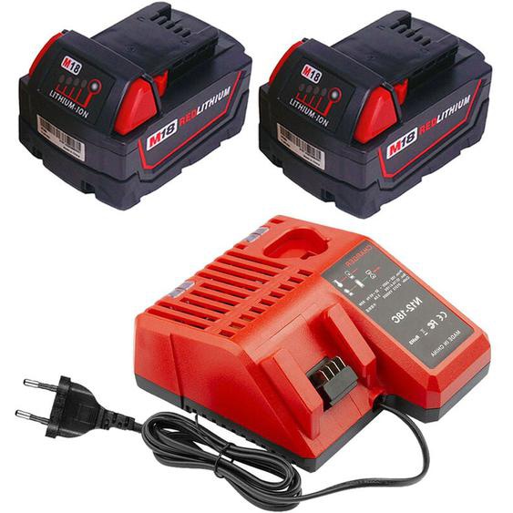 Powerwings - 2 Pièces M18 B5 Batterie + M12 & M18 chargeur pour Milwaukee Batterie 18V 5,0Ah 48-11-1828 48-11-1840 C18B M18BX Li18 M18B4 M18 xc m18