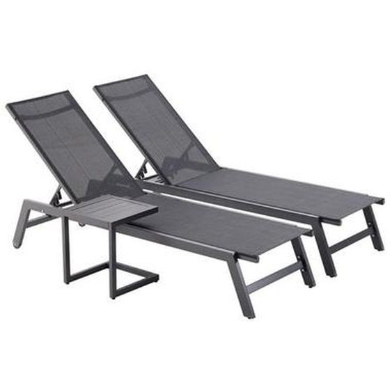 PRATO - Lot de 2 bains de soleil en aluminium gris foncé et noir avec table dappoint