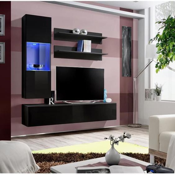 PRICE FACTORY - Meuble TV FLY H3 design, coloris noir brillant. Meuble suspendu moderne et tendance pour votre salon.