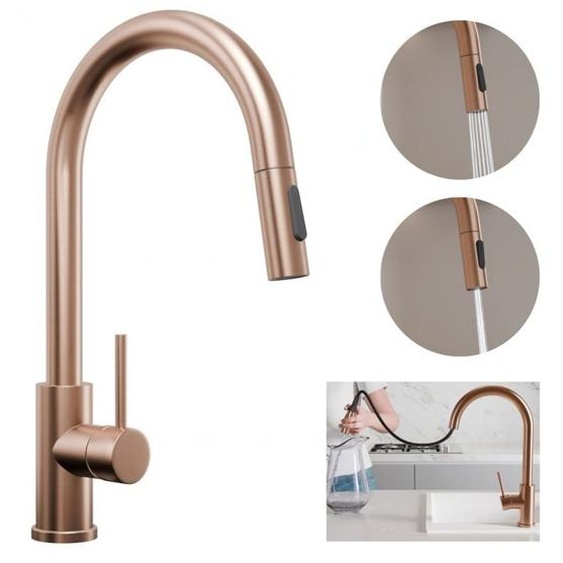 Primagran - Robinet de cuisine 9010, Robinet dévier rotation 360°, Robinet haute pression, avec deux types de jet, avec bec rétractable, Cuivre