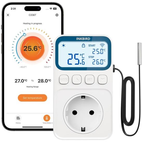 Prise de courant pour thermostat Wi-Fi, avec fonctions de chauffage, de climatisation et dalarme