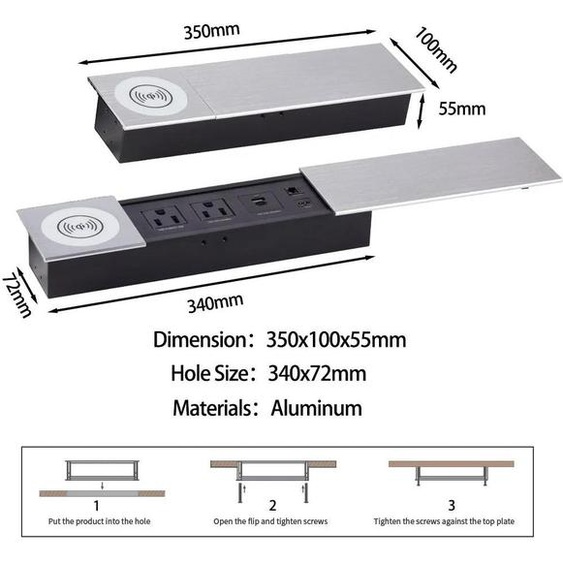 Prise de table rétractable - Modèle universel AM1301 - 2 prises 220V - Chargeur sans fil - USB et USB-C, HDMI et LAN - Boîtier métallique IP65 - Argent