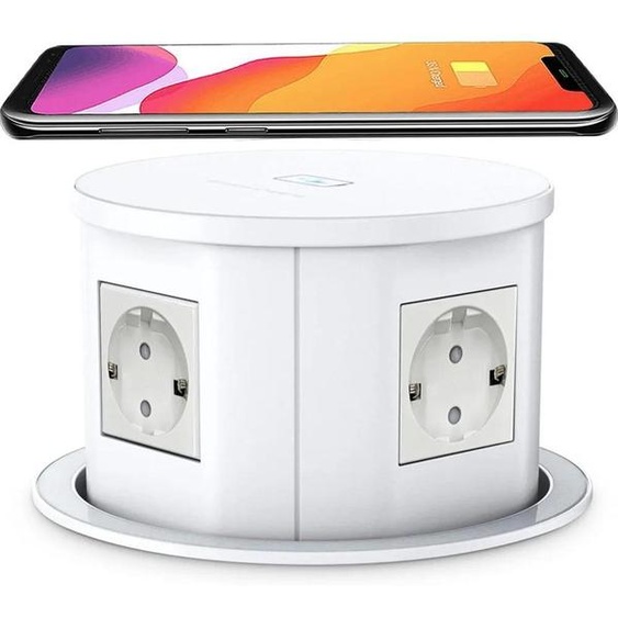 Prise encastrable pour plan de travail - Prise de table rétractable manuelle - 4 prises européennes 110–250V - USB-C et charge sans fil - Forme ronde, indice de protection IP65 - Blanche