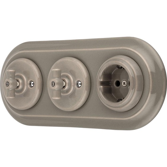 Prise rétro encastrée en porcelaine, interrupteur rotatif, triple, tout-en-un, SET série PR1 gris-beige