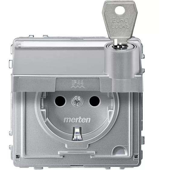 Prise SCHUKO, aluminium, panneau rabattable avec inscription - Prise MEG2317-7260