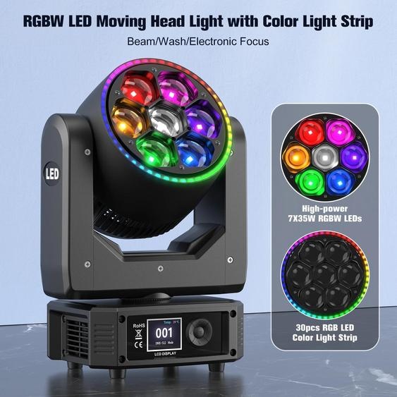 Projecteur de scène LED - Bee Eye Moving Head - 300 W - 7×35 W RGBW + 30×0,5 W RGB Halo - DMX512/RDM, 30/42/58 canaux - mise au point, effet stroboscopique - prise UE, lot de 2