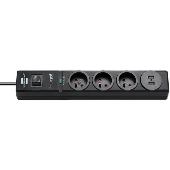Prolongateur multiprise hugo! Brennenstuhl, parasurtenseur 19 500A, 3 prises courant, 2 prises USB, coloris noir