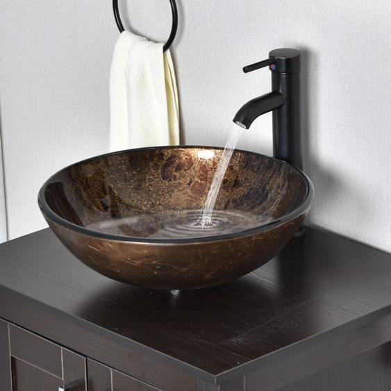 Puluomis - Vasque à Poser ronde de salle de bain en verre Lavabo 42x42x14 cm, Lave-Mains Évier, Salle de bain, Cuisine - Marron