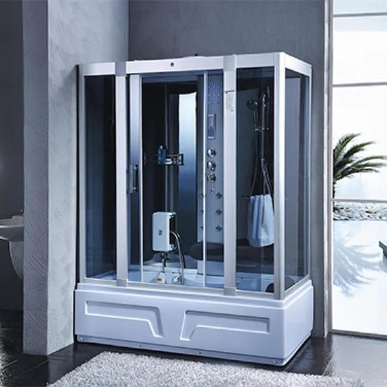 PureHaven 2in1 Bain à remous et douche à vapeur 150x90 cm avec douche tropicale Système multimédia Assise Fonction massage Désinfection à lozone Accessoires complets
