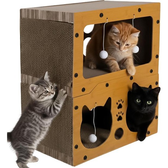 Purlov griffoir pour chats 3 en 1 avec 2 étages HDF & carton ondulé extra solide, meuble à griffer & place de repos pour 1-2 chats 4 balles de jeu, stable & antidérapant,