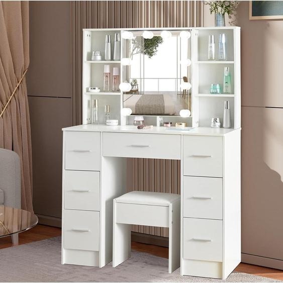 Puselo Coiffeuse avec éclairage et miroir 100x40x140cm