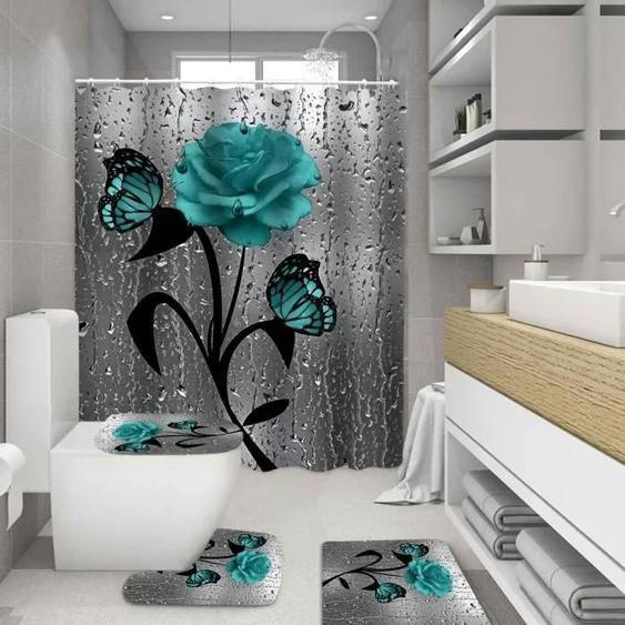 PZCC Accessoires salle de bain,Ensemble de salle de bain imprimé 3D papillon Rose bifairy bee rideau de douche et tapis-Type F,4PCS