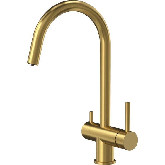 QUADRON Robinet de cuisine CAREN Mélangeur à trois voies 360°, couleur : or, hauteur : 35 cm Robinet de cuisine en inox, robinet pour la cuisine
