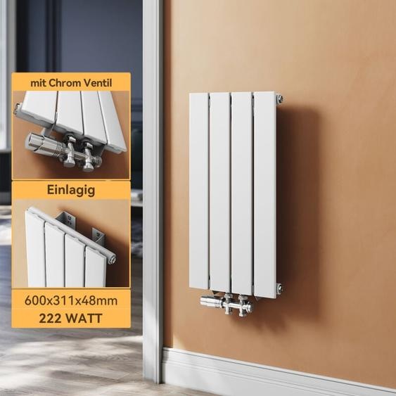 Radiateur eau chaude en acier Conception murale Vertical Tube plat Radiateur chauffage central 600x311mm Panneau Unique Blanc (222W) - Sonni