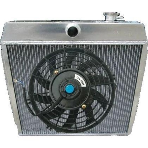 Radiateur & ventilateur pour Chevy Bel Air V8, dimensions du noyau : 17 1/4 de haut x 21 1/2 de large, dimensions totales : 23 x 23 1/2, raccord supérieur : 1 1/2, sortie inférieure : 1 3/4, radiateur de transmission automatique inclus