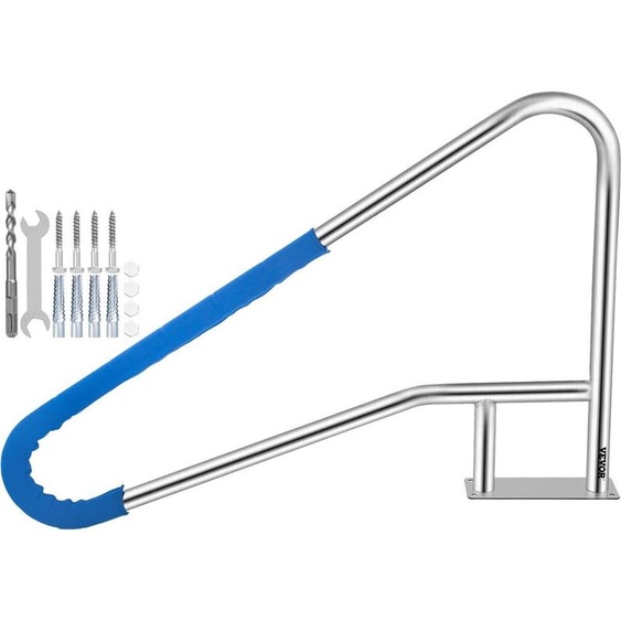 Rail de piscine 55 x 32 pouces Garde-corps de piscine en acier inoxydable 304 Capacité de charge de 250 lb Main courante de piscine argentée antirouille Main courante de piscine ergonomique avec revêtement antidérapant bleu, foret M8 et vis