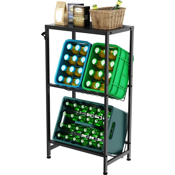 Rainsworth Étagère pour caisses de boissons avec tablette, avec support grillagé en métal, 33P x 50L x 98H cm Étagère à boissons avec pieds réglables, noir