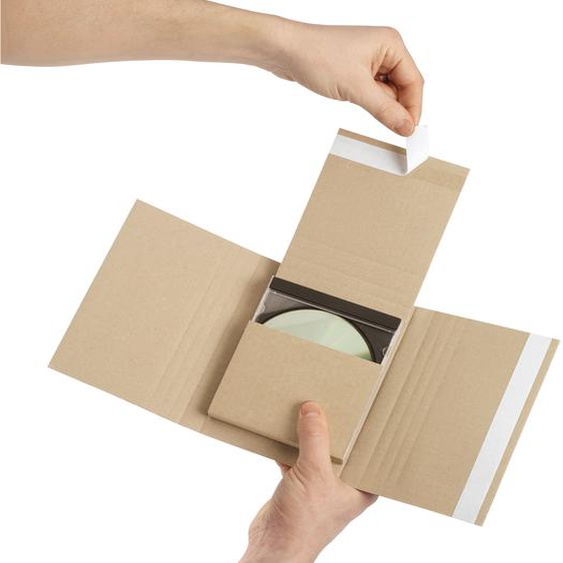 RAJA Étui emballage postal carton brun avec fermeture adhésive - 14 x 12,5 cm - 1 à 4 CD ou jeux vidéo - Lot de 25