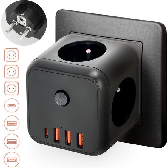 Rallonge multiprise KOBI LINEA PRO CUBE C noir 3 compartiments multiprise avec 3xUSB et 1 USB-C, max 3600W multiprise max. 16A