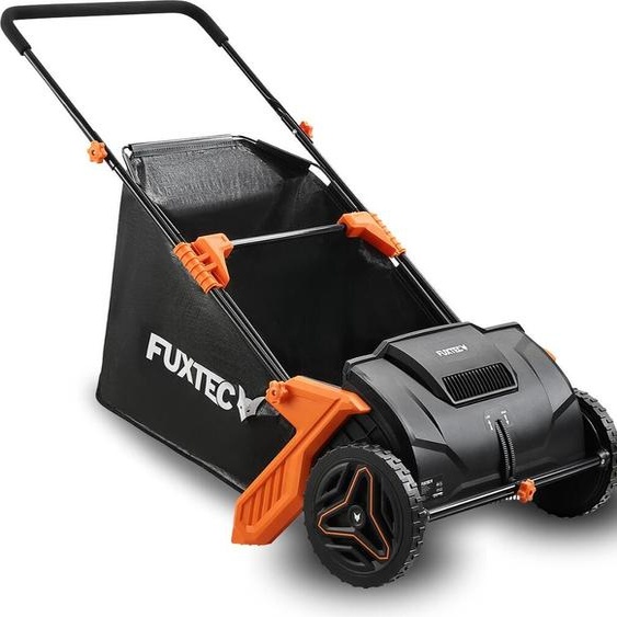 Ramasseur de feuilles FUXTEC avec une largeur de travail de 530 mm, une profondeur de travail de 0-40 mm, un bac de ramassage denviron 100 litres et un poids net de 6,5 kg