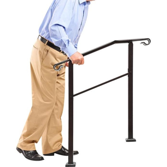 Rampe descalier - Main courante autoportante à 3 marches - Montage au sol - Acier au carbone - Capacité de charge 400 kg - 98 × 96 cm - Noir