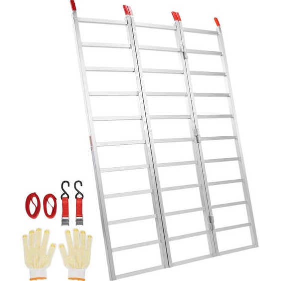 Rampes en aluminium VEVOR, rampe pliable en trois parties avec sangles de fixation, rampe de chargement pliable 700 kg pour motos, tracteurs, ATV/UTV, camions, tondeuses à gazon, fraises à neige, 1956 x 1379 x 38 mm, 1 pièce.