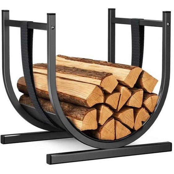 Range Buche Support a bois avec Sangle de Sécurité 41x37x39.5cm en Metal noir