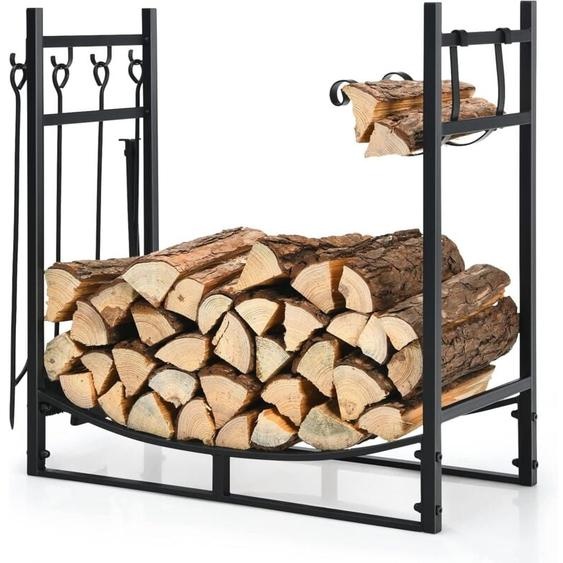 Range Bûches Décoratif, Porte Bûches en Acier Résistant avec Pieds Surélevés, 6 Crochets et 4 Outils, Charge de 50 kg, Serviteur Cheminée pour