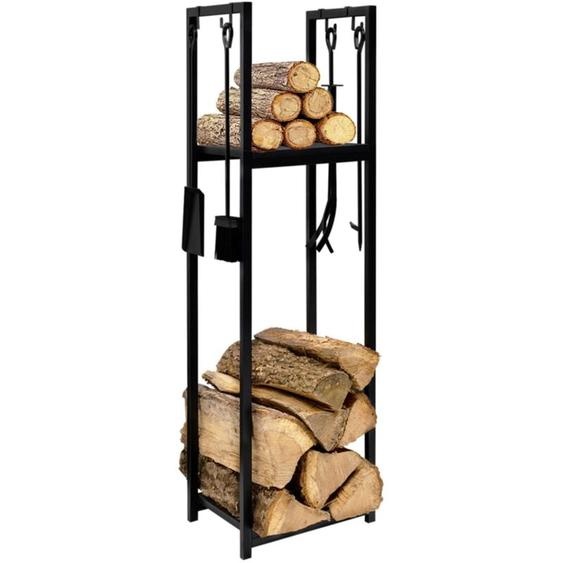 Range bûches vertical acier noir avec accessoires et 1 étagère H.112 cm