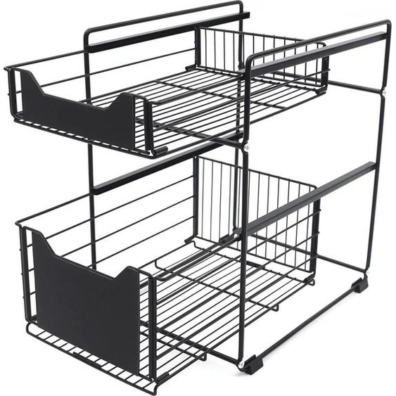 Rangement cuisine - Organisateur pour meuble bas sous lévier - 2 niveaux - 2 paniers coulissants - Autoportant - Fer - Étagère à épices - Noir