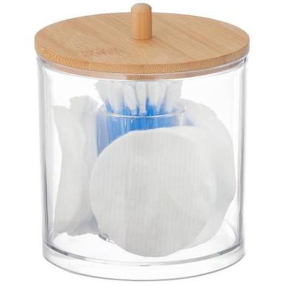 Relaxdays Rangement disques de coton et coton-tiges, plastique, couvercle en bambou, organiseur, transparent & nature