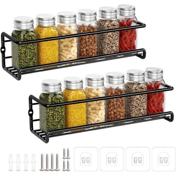 Rangement Epices Cuisine, Étagère Épices en Métal Sans Percage, Range Épices Murale Cuisine, Porte Épices, 29x6x6cm (Noir, 2