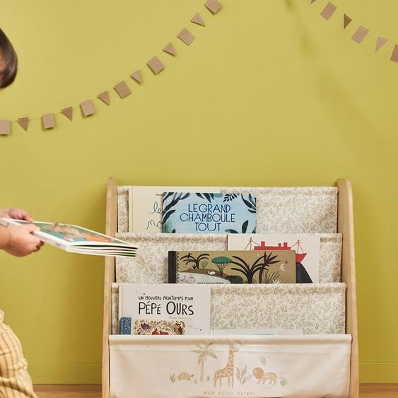 Rangement livre textile beige imprimé