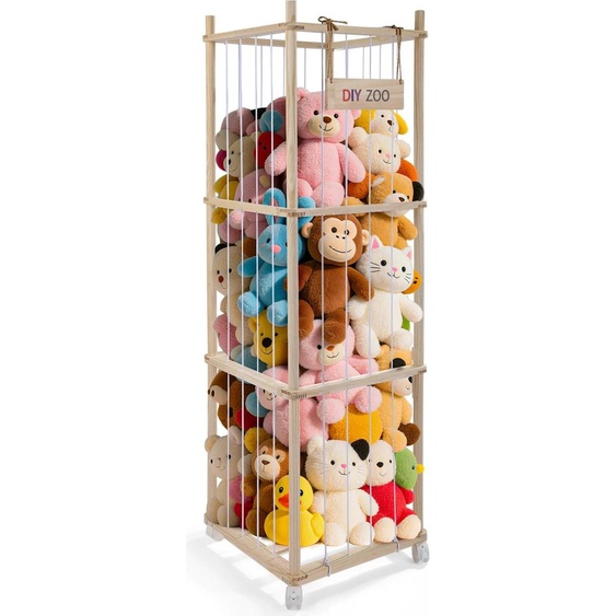 Rangement pour peluches - Chariot en bois - 138 x 41 x 41 cm - Roulettes avec frein à 360° - Chambre denfant - Argent