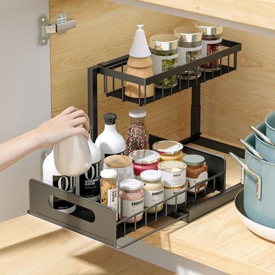 Rangement sous Évier Cuisine, Métal Organisateur sous Evier Tiroir Coulissant à Extraction 2 Étages Forme en L, Noir