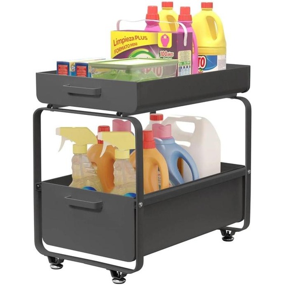 Rangement sous lévier - Étagère coulissante à deux niveaux - Acier - Pour armoires de cuisine et de salle de bains - Polyvalente - Noir