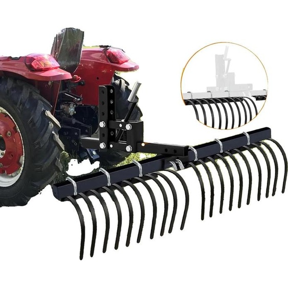 Râteau à paille en pin, acier au carbone haute résistance, largeur de travail de 48 pouces, sadapte aux attelages de remorque de 2 pouces, 17 dents interchangeables, construction robuste