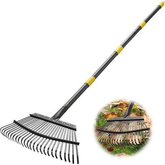 Râteau de jardin 160 cm. Râteau robuste pour petits arbustes et gazon, 25 dents métalliques, largeur 45 cm, manche en acier réglable. Râteau de jardin pour ramasser les déchets sous les parterres de fleurs, les plantes fragiles, la pelouse et dans les