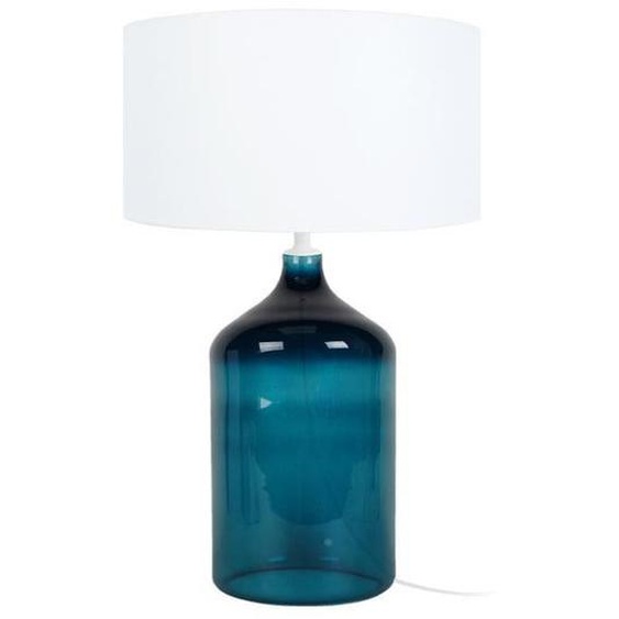 REFLEXION-Lampe de chevet bouteille verre  bleu petrole Abat-jour: cylindre tissu blanc 1 ampoule E27 urbain P30xD30xH39cm