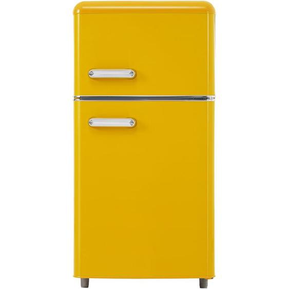 Réfrigérateur rétro 72 l, double porte, éclairage led, 39 dB, classe e, congélateur et réfrigérateur - Jaune