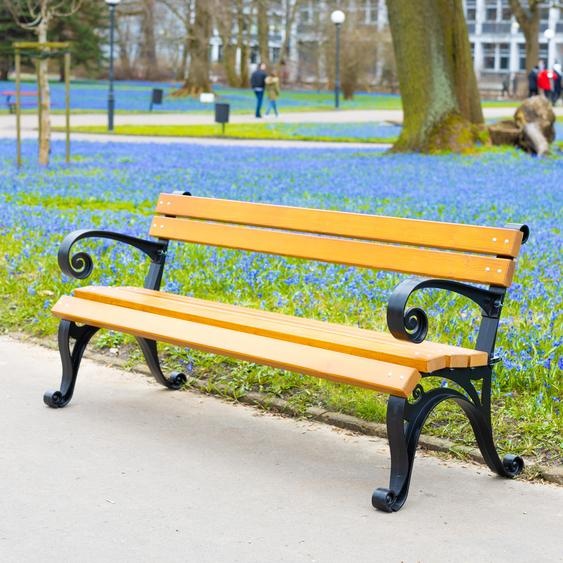 REKORD Wiedenska avec accoudoirs - Banc de jardin Tek 170 x 59 x 73 cm - Fonte massive et bois dépicéa scandinave - Résistant aux intempéries, pour le jardin et la terrasse