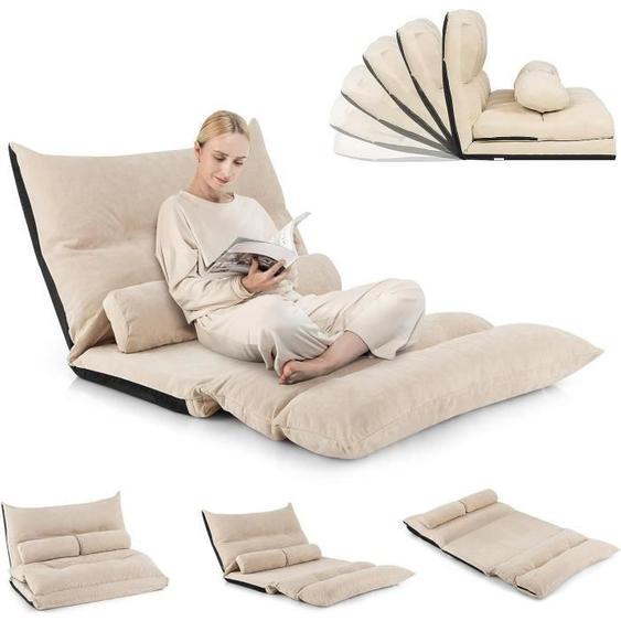RELAX4LIFE Chauffeuse 2 Personnes Pliable en Velours Glacé, Dossier Réglable 90°-180°, Fauteuil avec 2 Oreillers Charge 150KG,