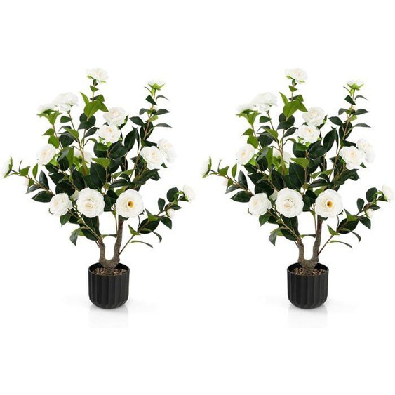 RELAX4LIFE Lot de 2 Plantes Artificielles 95 cm, Camélia Artificiel en Pot en Ciment, 24 Fleurs de Blanc et 186 Feuilles