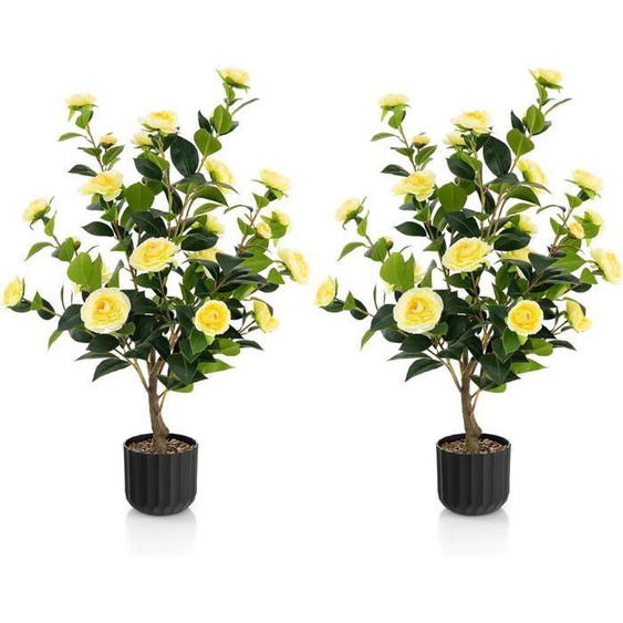 RELAX4LIFE Lot de 2 Plantes Artificielles 95 cm, Camélia Artificiel en Pot en Ciment, 24 Fleurs de Jaune et 186 Feuilles