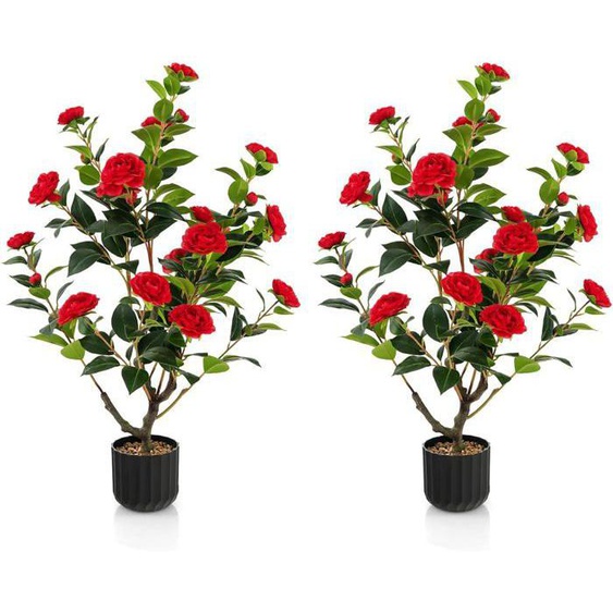 RELAX4LIFE Lot de 2 Plantes Artificielles 95 cm, Camélia Artificiel en Pot en Ciment, 24 Fleurs de Rouge et 186 Feuilles