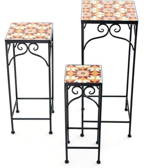 RELAX4LIFE Lot de 3 Supports pour Plantes en Métal - H49/59/71cm - Plateau en Céramique - Table Basse de Jardin Carré, Jaune