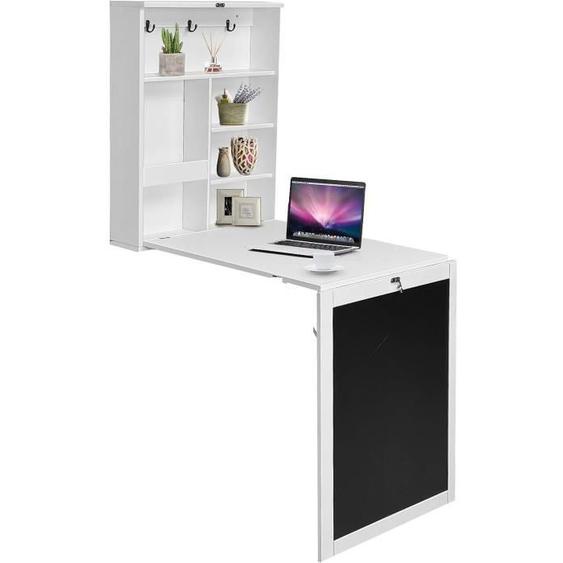 RELAX4LIFE Table Murale Rabattable en Bois avec Compartiment Intégrée, Bureau dOrdinateur pour Salon/Salle à Manger/Bureau, Blanc